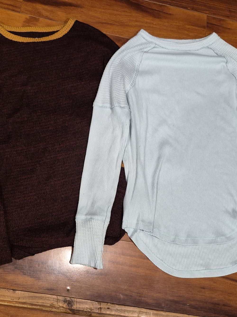 Two SO Waffle-Knit Long Sleeve Tops Burgundy with Mustard Trim And Pale Green.